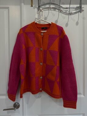 Plus Size MANGO Bold Geometric Pink & Orange Cardigan Sweater